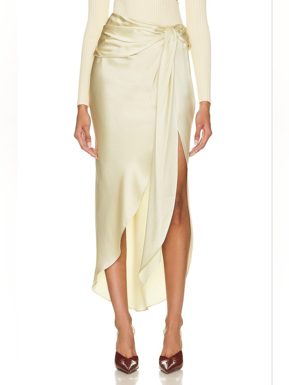 Simkhai Elisabetta Classic Draped Tie-Waist Midi Skirt in Yellow, Size 4